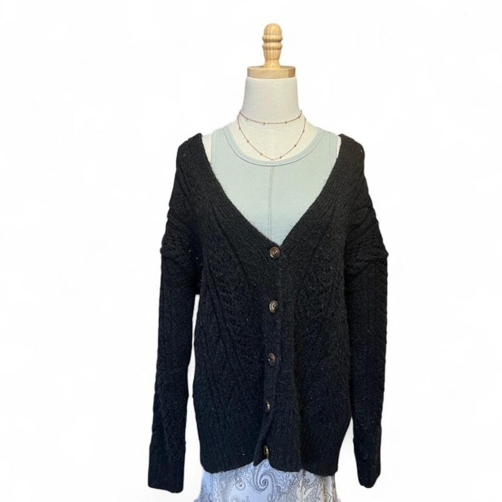 Anthropologie Black Cardigan Knit‎ Sweater Size Small Button Up Oversized Preppy